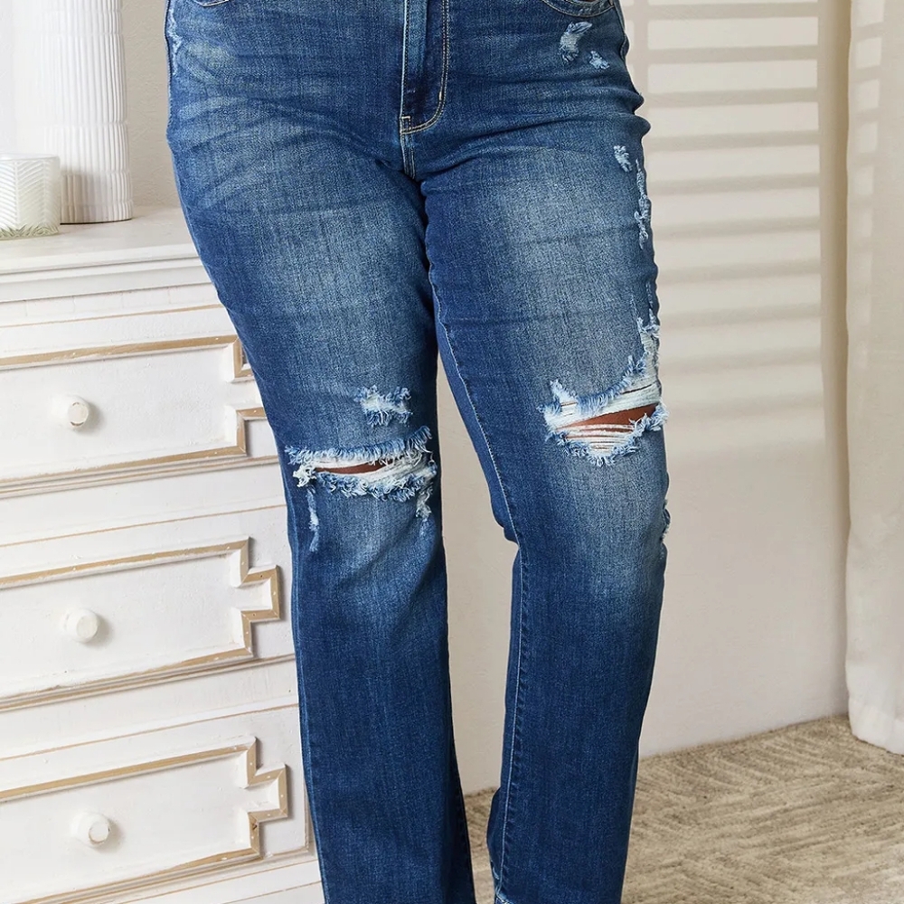 Judy Blue Full Size Mid Rise Hand Sand & Destroy Bootcut Jeans slimming